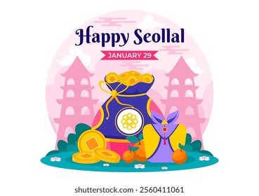 Happy Seollal Translation Korean New Year Vector Illustration Featuring the Year of the Wood Rabbit and Gold Coins for the 29 January Celebration