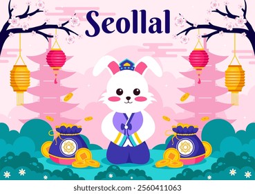 Happy Seollal Translation Korean New Year Vector Illustration Featuring the Year of the Wood Rabbit and Gold Coins for the 29 January Celebration