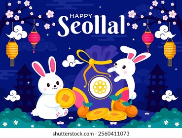 Happy Seollal Translation Korean New Year Vector Illustration Featuring the Year of the Wood Rabbit and Gold Coins for the 29 January Celebration