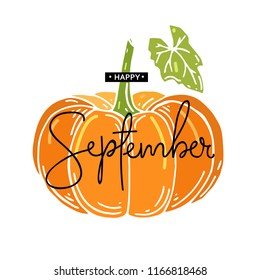 Happy September with pumpkins. Vector illustration.