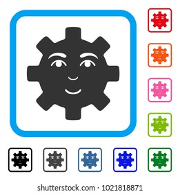 Happy Service Gear Smiley icon. Flat gray iconic symbol inside a blue rounded rectangular frame. Black, gray, green, blue, red, orange color versions of Happy Service Gear Smiley vector.