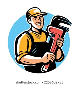 Happy service worker, builder with adjustable wrench. Workshop, building emblem, logo. Repair work vector illustration