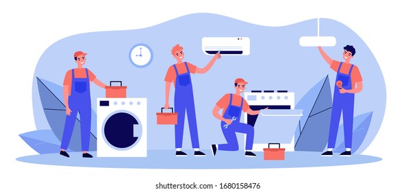 Happy servicemen repairing machines at home flat vector illustration. Electrician, mechanic or repairer at work. Repair and maintenance concept.