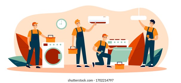 Happy Servicemen Repairing Machines At Home Flat Vector Illustration. Electrician, Mechanic Or Repairer At Work. Repair And Maintenance Concept.