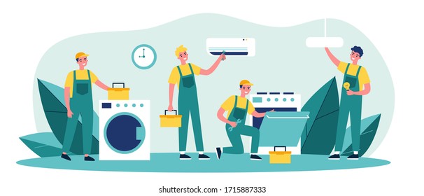 Happy servicemen repairing machines at home flat vector illustration. Electrician, mechanic or repairer at work. Repair and maintenance concept.