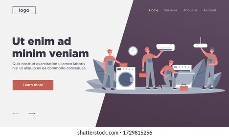 Happy servicemen repairing machines at home flat vector illustration. Electrician, mechanic or repairer at work. Repair and maintenance concept.