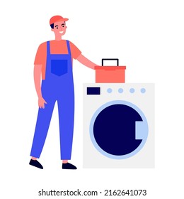 Happy servicemen repairing washing machine. flat vector illustration. Electrician, mechanic or repairer at work. Repair and maintenance concept