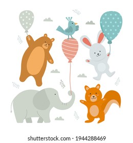 Happy set of Cute animal cartoon with baloon 