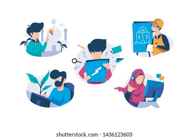 Happy set icon of creative specialist at find an idea. Branding Mosque concept. Vector illustration in flat design. Architectural project. Find an idea. Food. Building and planning. Construction.