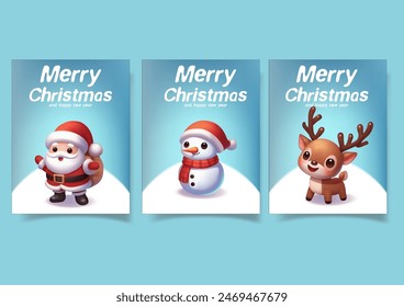 Happy Set of Merry Christmas and Happy New Year greeting vector card with cute santa claus, snowman, reindeer . Vector illustrations