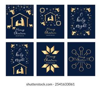 Happy Set of Merry Christmas and Happy New Year greeting vector card with nativity scene, angels, stars. Gold. Vector