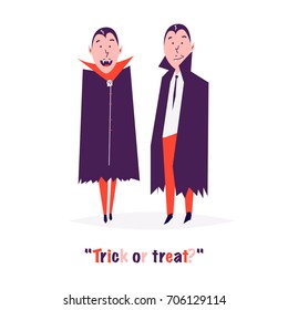 Happy set with two vampire cartoon men. Count Dracula wearing black and red cape. Cute character with fangs. Two flying bat boy ore man on Halloween. Flat design. White background. Vector illustration