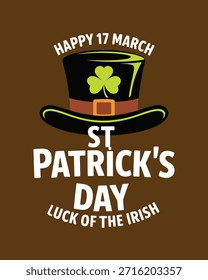 Feliz 17 de marzo Ilustración del Día de San Patricio con un sombrero festivo de duende y trébol que trae suerte a los irlandeses