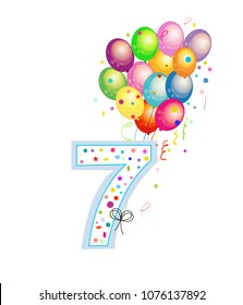 Happy seventh birthday candle. Seven numbered balloon. Colorful balloons. Greeting card background