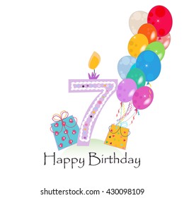 Happy seventh birthday candle vector with colorful confetti and balloons vector illustration