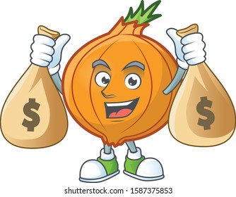 Happy shallot cartoon character with two money bags