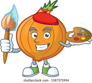 Happy shallot painter cartoon icon with brush