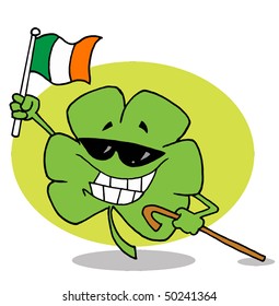 Happy Shamrock Carrying A Cane And Waving An Irish Flag