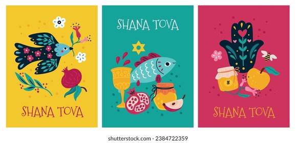 Happy Shana Tova greeting card. Jewish traditional holiday celebration. Rosh Hashanah element. New Year Israeli items. Apple or pomegranate. Funny bird with flower branch