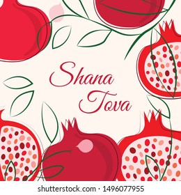 Happy Shana Tova. Happy New Year in Hebrew. Red Pomegranate Vector Illustration