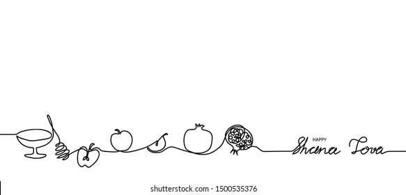 Happy Shana tova simple black and white banner, background. Shana Tova one line continuous drawing banner.