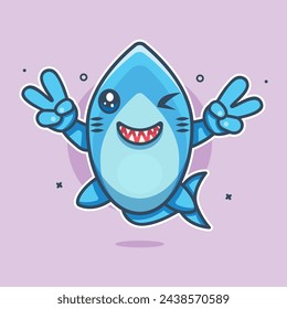 happy shark animal character mascot with peace sign hand gesture isolated cartoon 