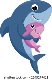 Happy shark with baby. Cute cartoon sea animal