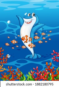 Happy shark cartoon character in the underwater scene with many exotic fishes illustration