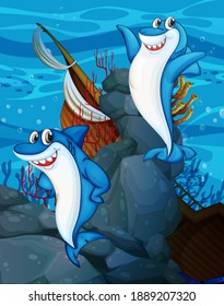 Happy shark cartoon character in the underwater scene with many exotic fishes illustration