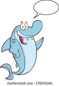 Happy Shark Cartoon Character Waving With Speech Bubble. Vector Illustration Isolated on white