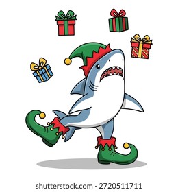Tiburón feliz vestido como elfo malabarismo presenta humor navideño divertido animal con traje elemento gráfico de dibujos animados lindo Vector