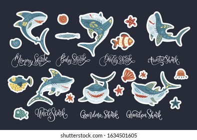 Happy shark flat vector sticker set with lettering text quotes . Underwater fish animal family cute collection in a flat style. Baby, mommy, daddy, sister and brother shark doo doo doo.