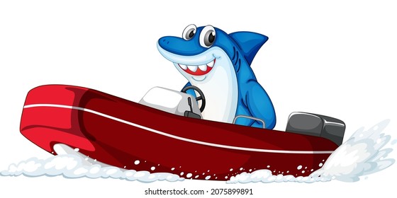 Happy Shark On Dinghy Boat On White Background Illustration