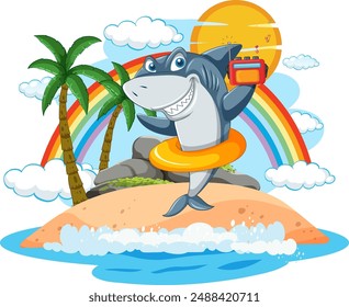 Happy shark with radio on sunny island