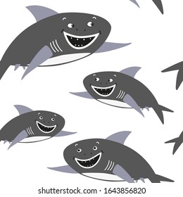 Happy shark seamless pattern for boy kid textile. Vector repeat design with fish clipart for fabric or wallpaper. Cartoon big fish with a fin, head, trunk and tail image.