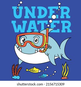HAPPY SHARK WITH SNORKEL SWIMMING UNDERWATER.