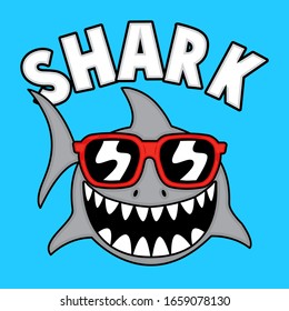 HAPPY SHARK WITH SUNGLASSES, SLOGAN PRINT VECTOR