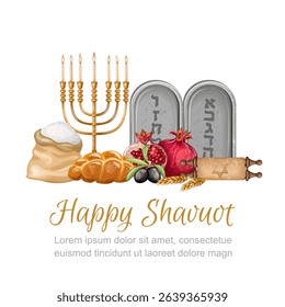 Happy Shauvot Wishes. Stone Bible and ears of wheat. The illustration is drawn by hand. Handmade. Vector