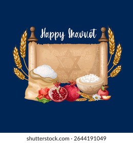 Happy Shauvot Wishes. Stone Bible and ears of wheat. The illustration is drawn by hand. Handmade. Vector