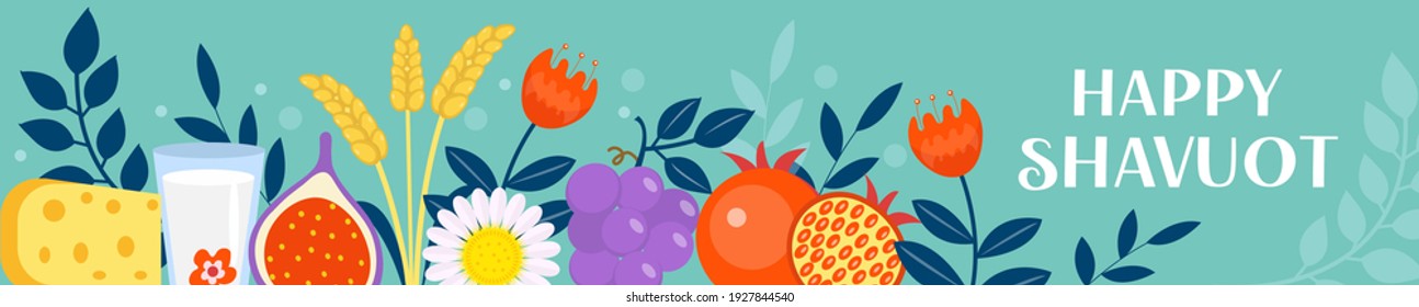 Happy Shavuot banner. Shavuot template for your design with fruits, figs, pomegranates, grapes. Jewish holiday background. Vector illustration