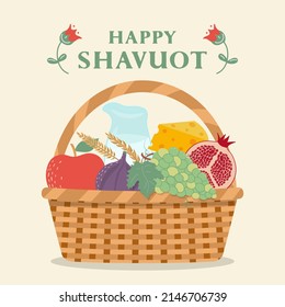 Happy Shavuot. Basket with fruits, milk and cheese. Jewish holiday shavuot greeting card.