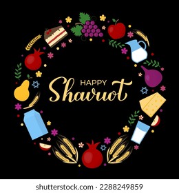 Happy Shavuot calligraphy hand lettering with traditional symbols. Jewish holiday greeting card. Easy to edit vector template for banner, typography poster, invitation, flyer, postcard, etc.