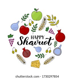 Happy Shavuot calligraphy lettering with hand drawn symbols. Jewish holiday greeting card. Easy to edit vector template for banner, typography poster, invitation, flyer.