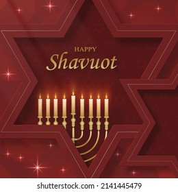 Happy Shavuot card with nice and creative jewish symbols and gold paper cut style on color background for pesach Jewish holiday (translation : happy Shavuoth)