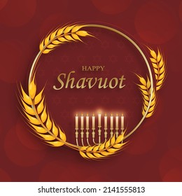 Happy Shavuot card with nice and creative jewish symbols and gold paper cut style on color background for pesach Jewish holiday (translation : happy Shavuoth)