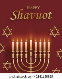 Happy Shavuot card with nice and creative jewish symbols and gold paper cut style on color background for pesach Jewish holiday (translation : happy Shavuoth)