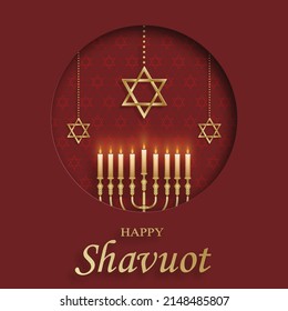 Happy Shavuot card with nice and creative jewish symbols and gold paper cut style on color background for pesach Jewish holiday (translation : happy Shavuoth)