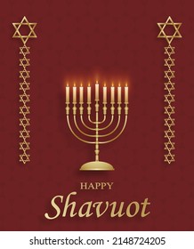 Happy Shavuot card with nice and creative jewish symbols and gold paper cut style on color background for pesach Jewish holiday (translation : happy Shavuoth)