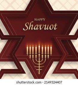 Happy Shavuot card with nice and creative jewish symbols and gold paper cut style on color background for pesach Jewish holiday (translation : happy Shavuoth)