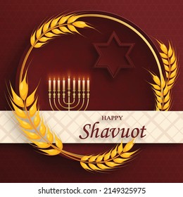 Happy Shavuot card with nice and creative jewish symbols and gold paper cut style on color background for pesach Jewish holiday (translation : happy Shavuoth)